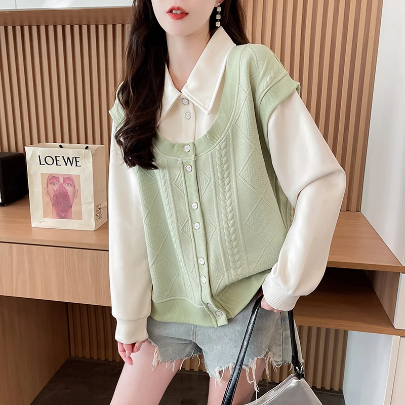 可解开设计POLO感小众翻领卫衣女新款2025春秋薄款韩版宽松上衣潮