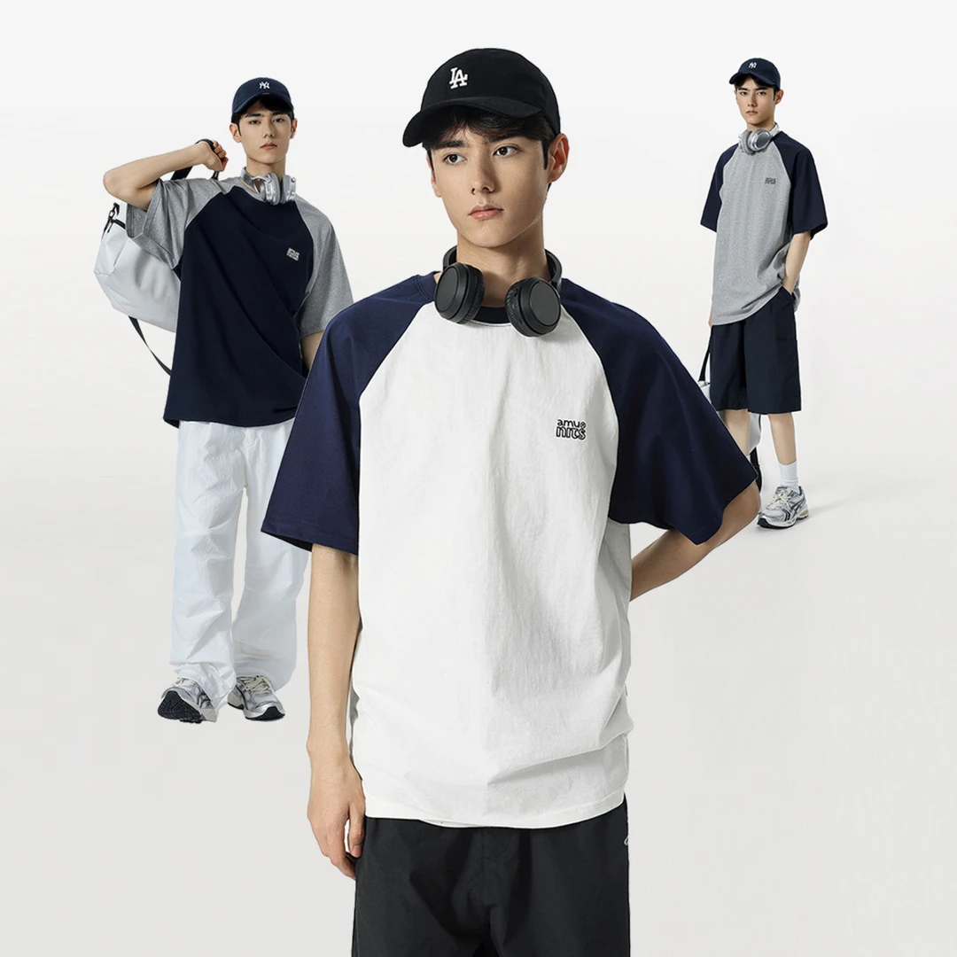 棉16支双纱230g重磅插肩短袖休闲上衣拼接撞色T恤MT23050