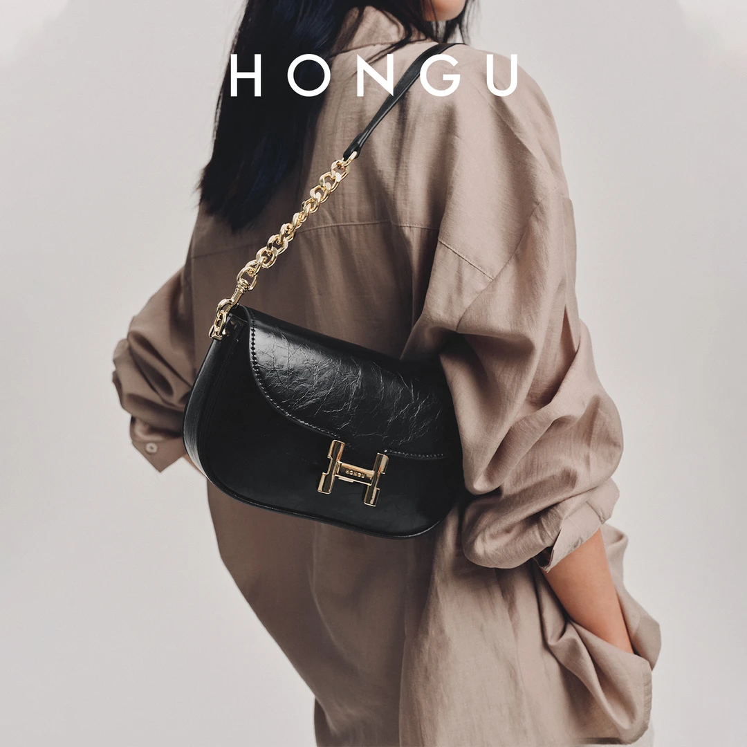 HONGU/红谷质感牛皮单肩包马鞍包时尚包包高级小众轻奢H5176889X