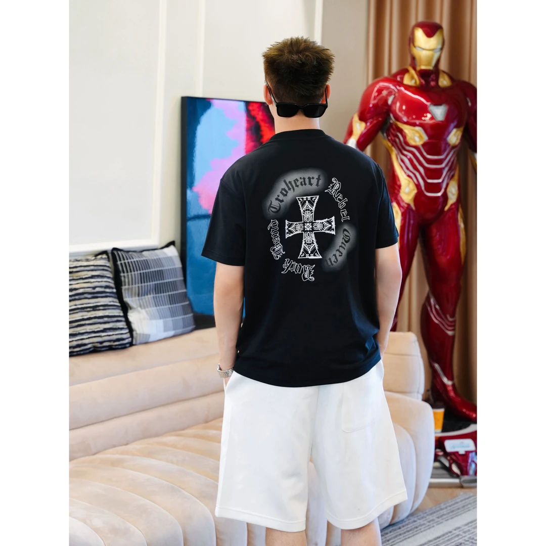 SAM【十字幻影】轻奢高端夏季柔软液氨棉幻象梵文十字圆领百搭短袖