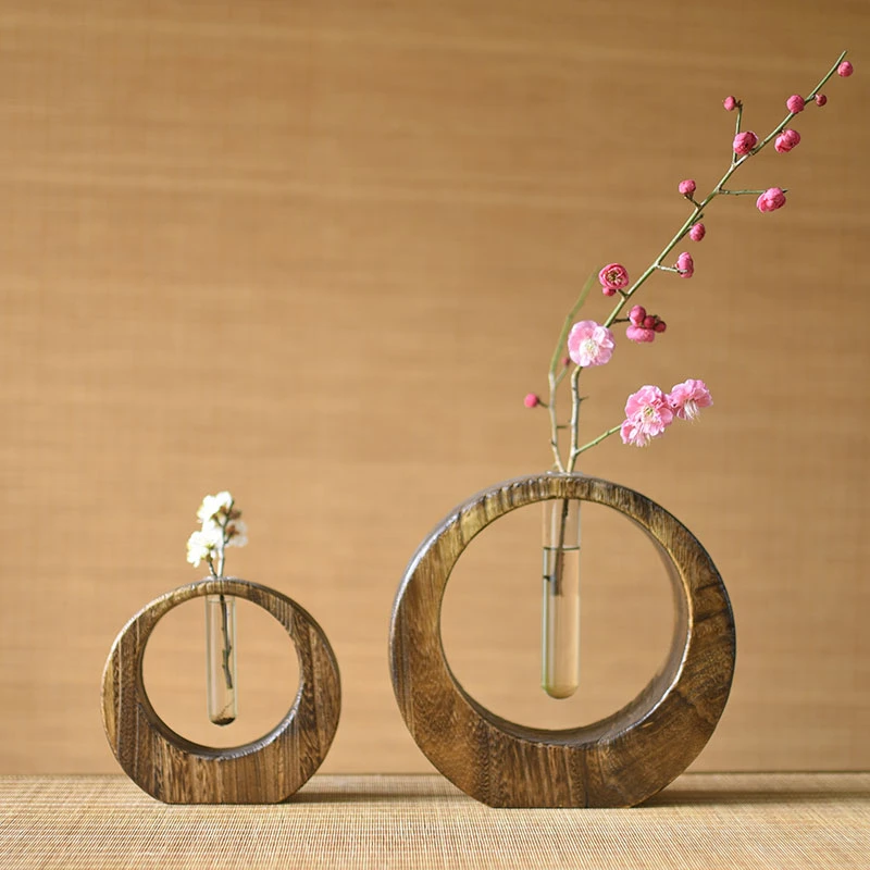 插花花瓶玻璃透明水养客厅书房餐桌桌面迷你水培创意复古实木摆件