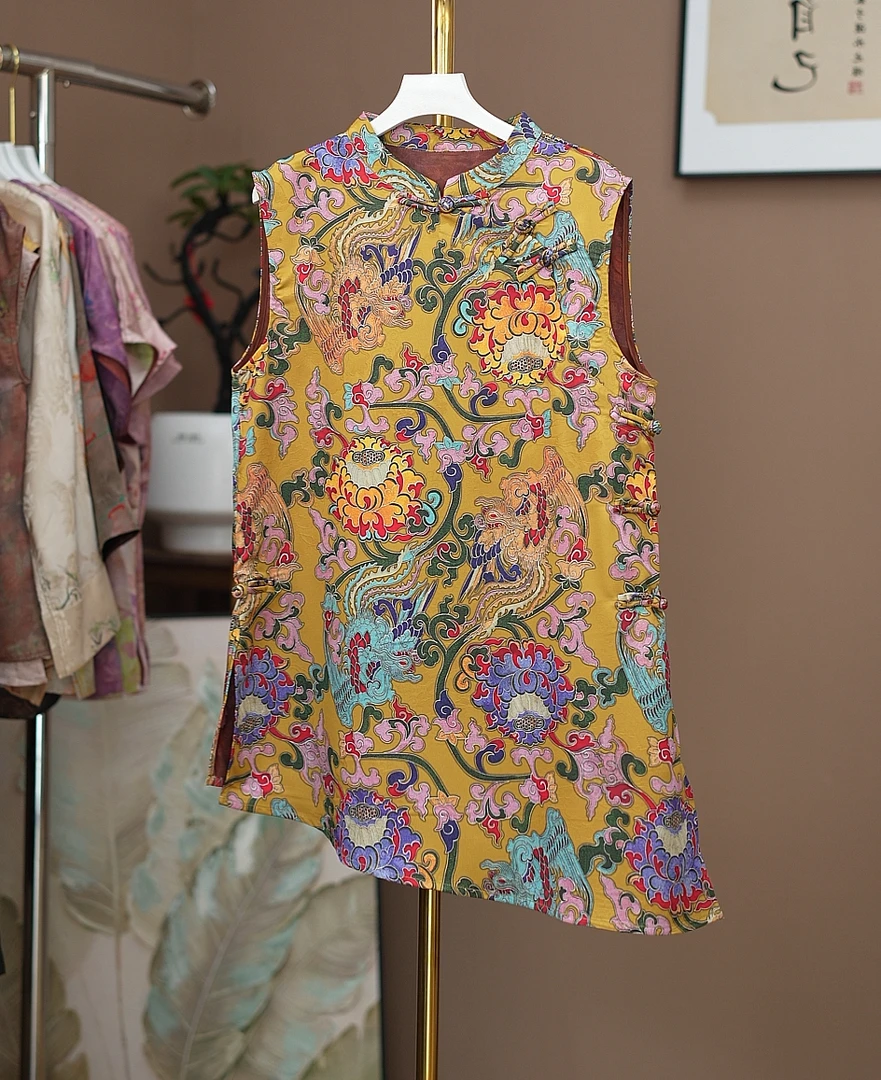 【黄色】新中式马甲女2025夏季复古风不规则旗袍裙上衣