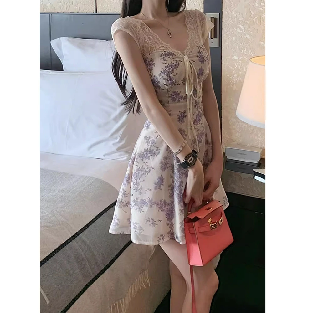 法式女人味收腰度假碎花V领抽绳绑带连衣裙21721#