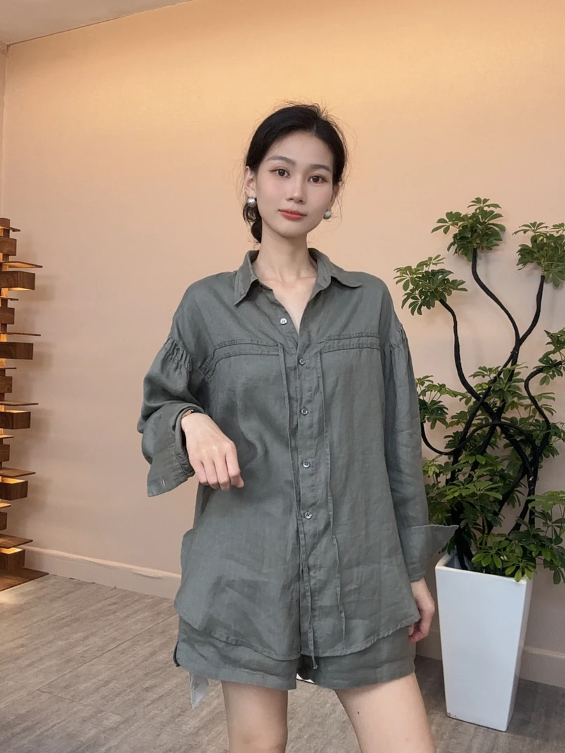 【单件】纯亚麻胸带夏季设计感百搭宽松长袖韩版时尚休闲小衫20255