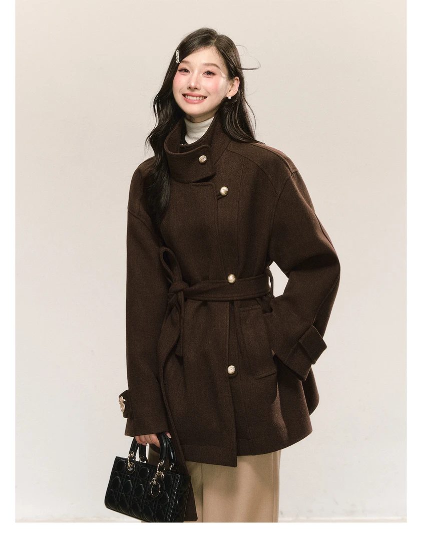高级感立领羊毛呢外套女2025冬季复古棕色加厚内胆羊绒呢子大衣