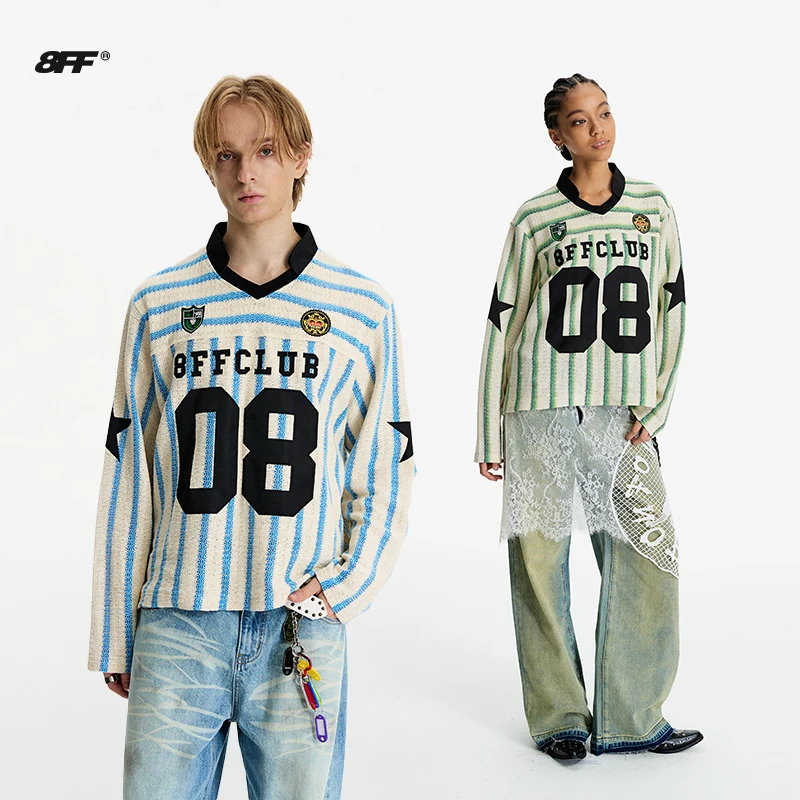 【高瀚宇同款】8FF/25AW美式复古运动球衣绣花短宽松休闲条纹长T恤