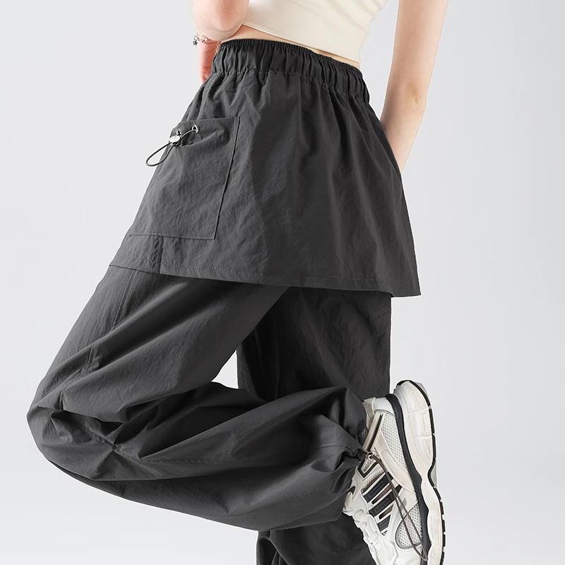 2025夏季新款速干工装裤时尚修身显瘦高腰裙裤阔腿束脚两穿工装裤