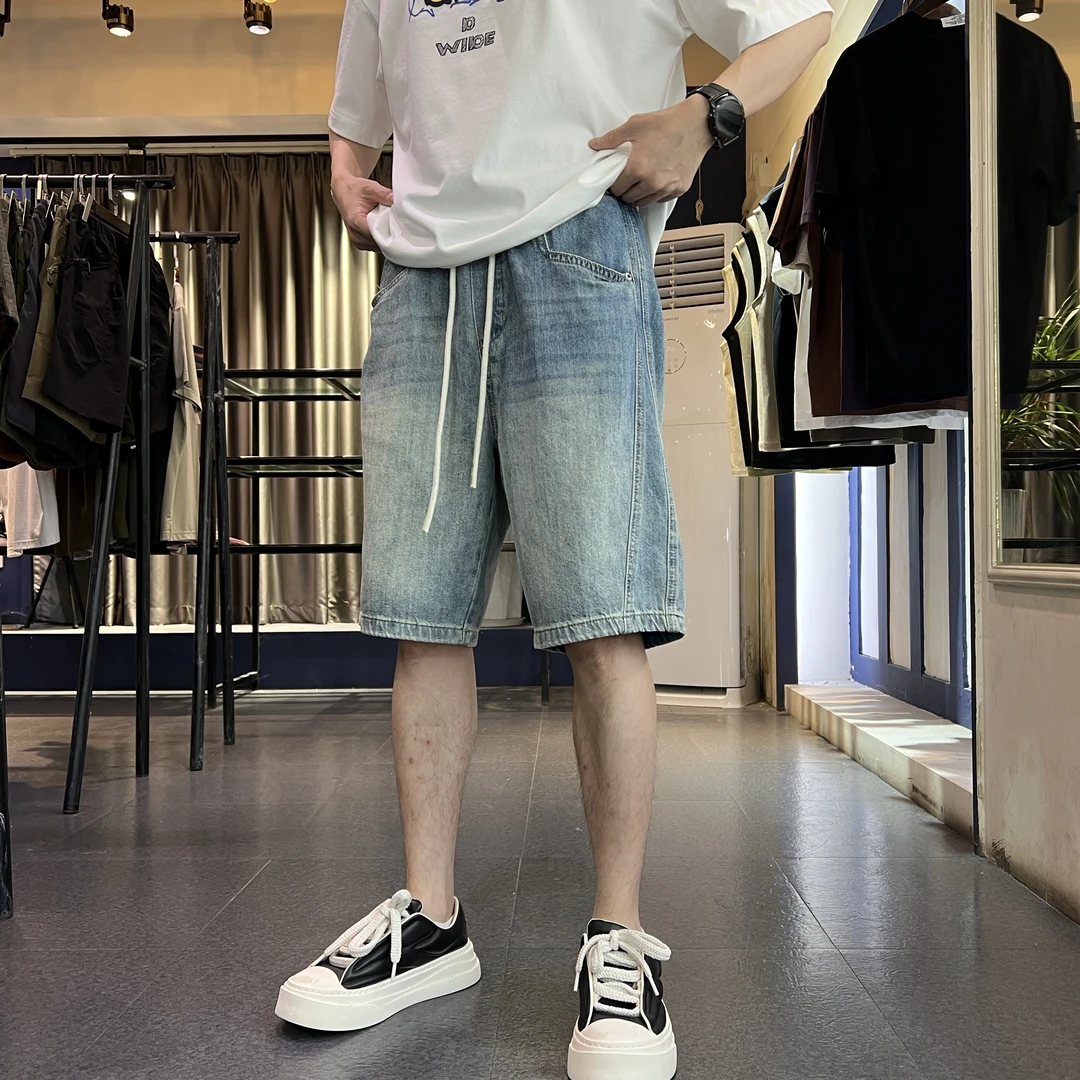 【水洗复古蓝】夏季薄款直筒松紧腰复古痞帅潮流男牛仔短裤