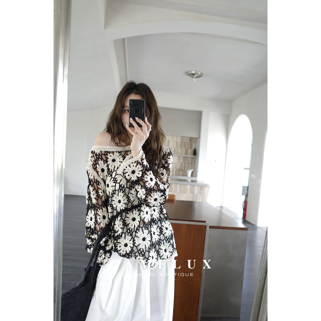 【Camelux线】古法手钩针织知性气质老钱女装宽松镂空款罩衫QHA3020