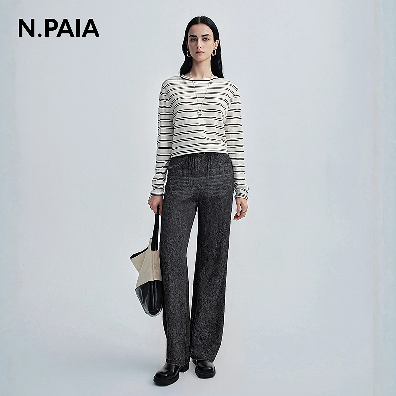 N.PAIA恩派雅2025新款手擦猫须橡筋腰头休闲牛仔裤女XNKEA6436A