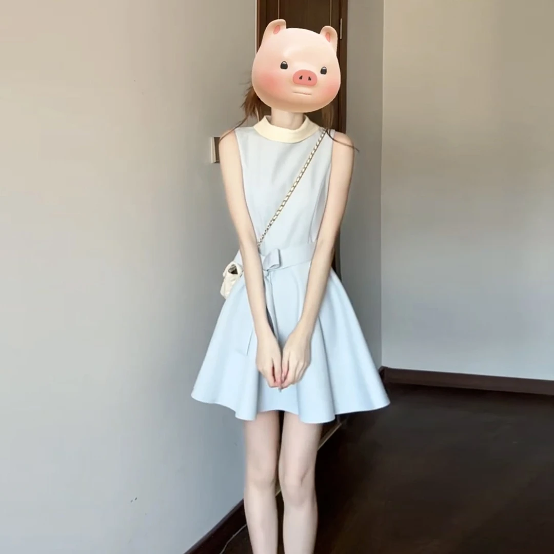 【现货+运补】小众不撞款蓝色收腰a字无袖连衣裙子夏季背心裙4697