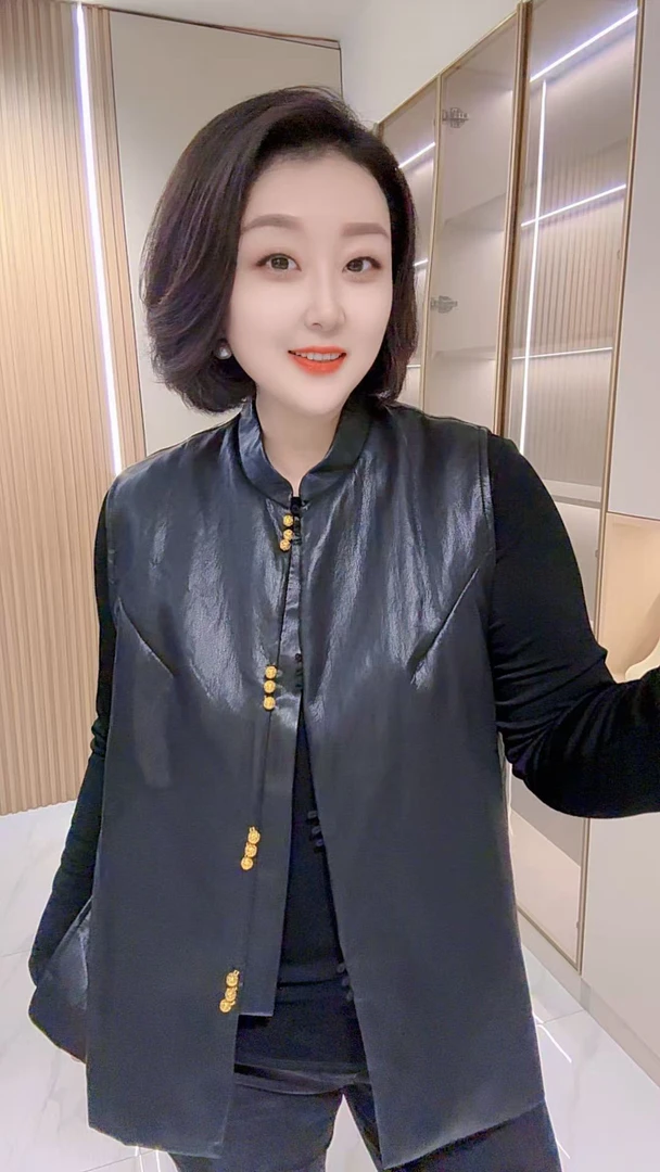 【聪姐推荐】3261新款时尚国潮风立领PU马甲（衣长70，胸围124）