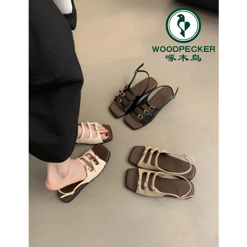 啄木鸟时装凉鞋女夏季2025年新款复古法式仙女风沙滩软平底罗马鞋