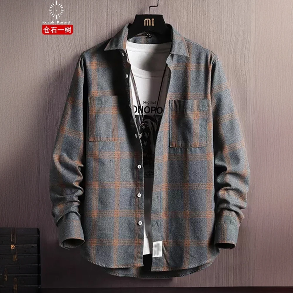 仓石一树潮牌长袖格子衬衫男士秋冬季百搭流行衬衣休闲宽松上衣
