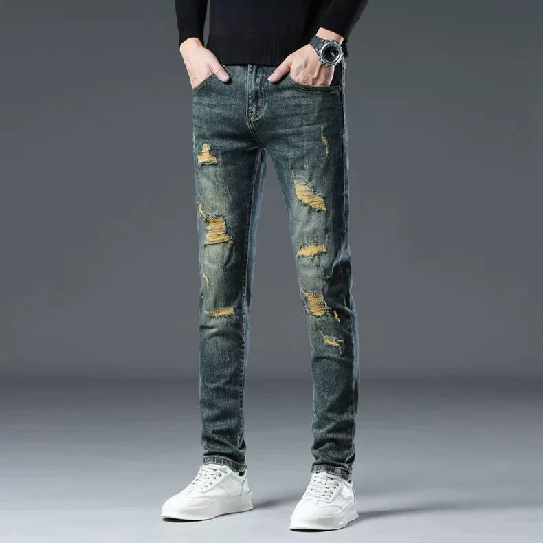 秋冬厚款7658牛仔裤男百搭小脚裤男裤破洞潮牌长裤欧货轻奢男裤潮