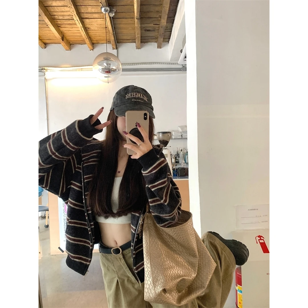 韩系宽松慵懒休闲条纹针织连帽卫衣女春秋新款长袖百搭外套上衣