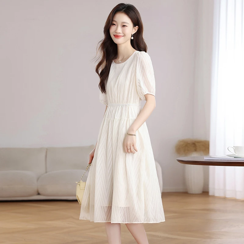 法式圆领雪纺短袖连衣裙女夏季2025新款优雅气质显瘦a字裙子轻奢
