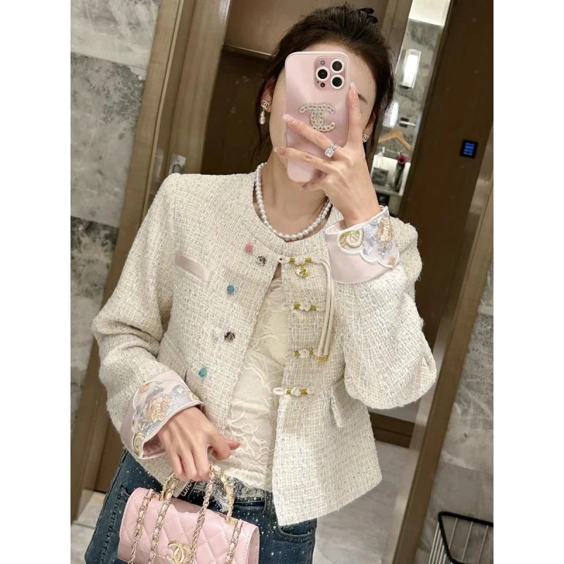 2025春季新款拼接袖长袖上衣女小香风彩色盘扣别致减龄外套