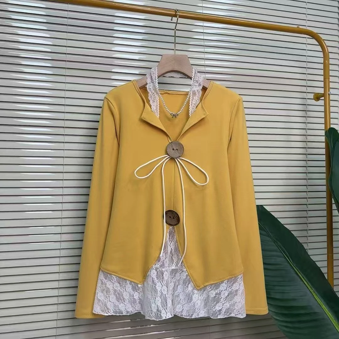 德绒系带修身开叉长袖辣妹小衫T恤大码女装拼接蕾丝显瘦时尚甜美