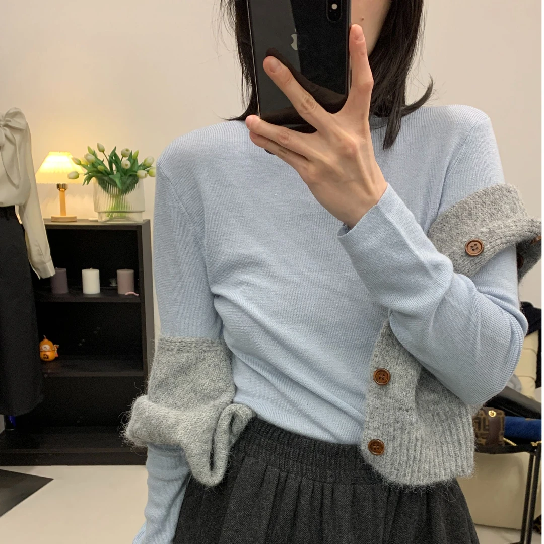 李小里服饰冬季长袖套头包袖毛针织衫圆领针织衫上衣针织毛衣女李