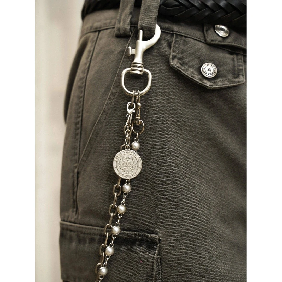 复古双层珍珠硬币亚色裤子裤腰链配饰百搭休闲男士裤腰带潮流裤链