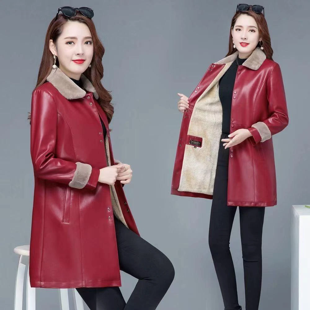 加绒加厚皮毛一体翻领皮衣外套女中长款2025新款冬季大码风衣
