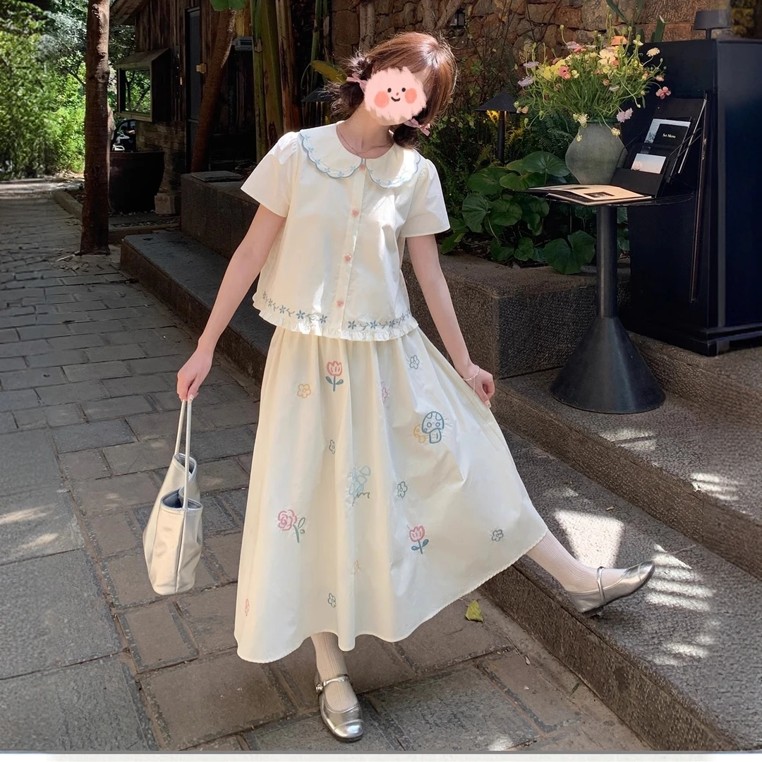 童趣手绘绣花半身裙两件套女夏季娃娃领短袖衬衫A字裙