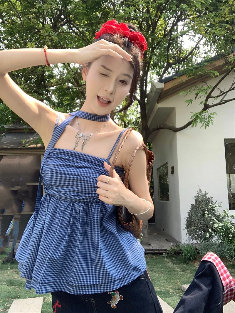 蓝色格纹抹胸娃娃衫无袖上衣女夏季度假外穿露背法式气质吊带背心