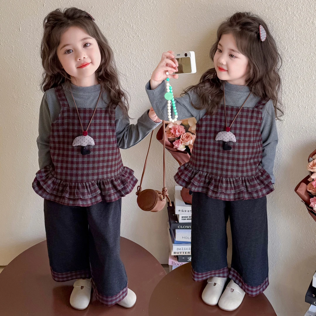 女童套装洋气时髦儿童格子马甲三件套小女孩宝宝春秋装2025新款潮