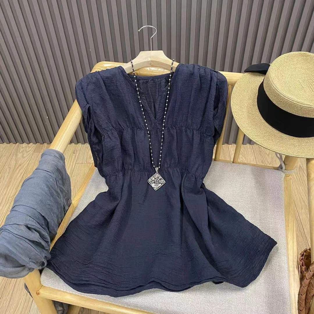 天丝苎麻V领无袖套头小衫纯色宽松收腰显瘦肌理感上衣女C1059