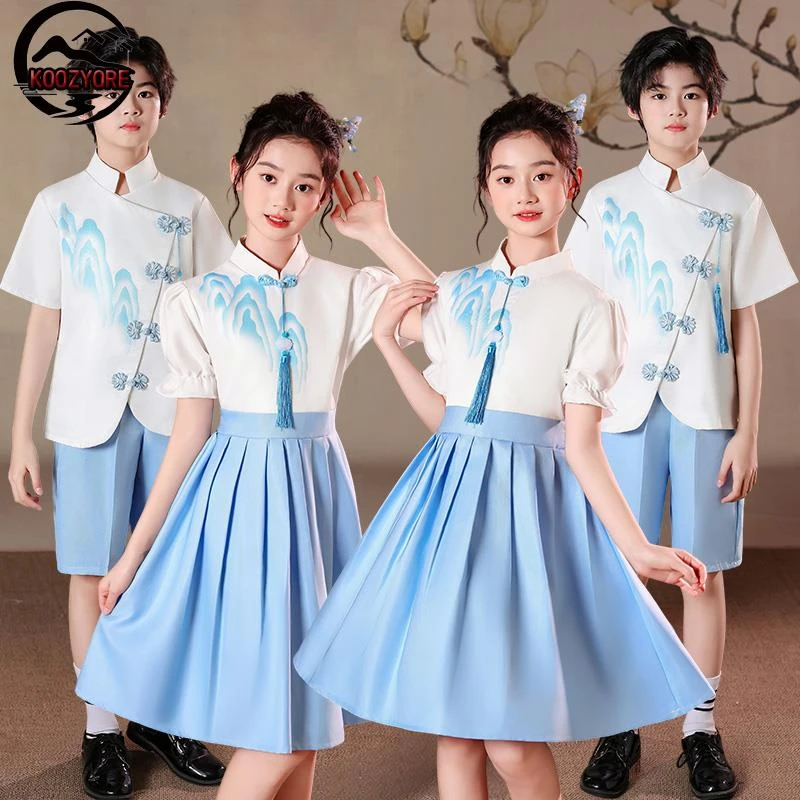 儿童小学生中国风女童合唱诗歌红色爱国主题演讲朗诵比赛演出服装