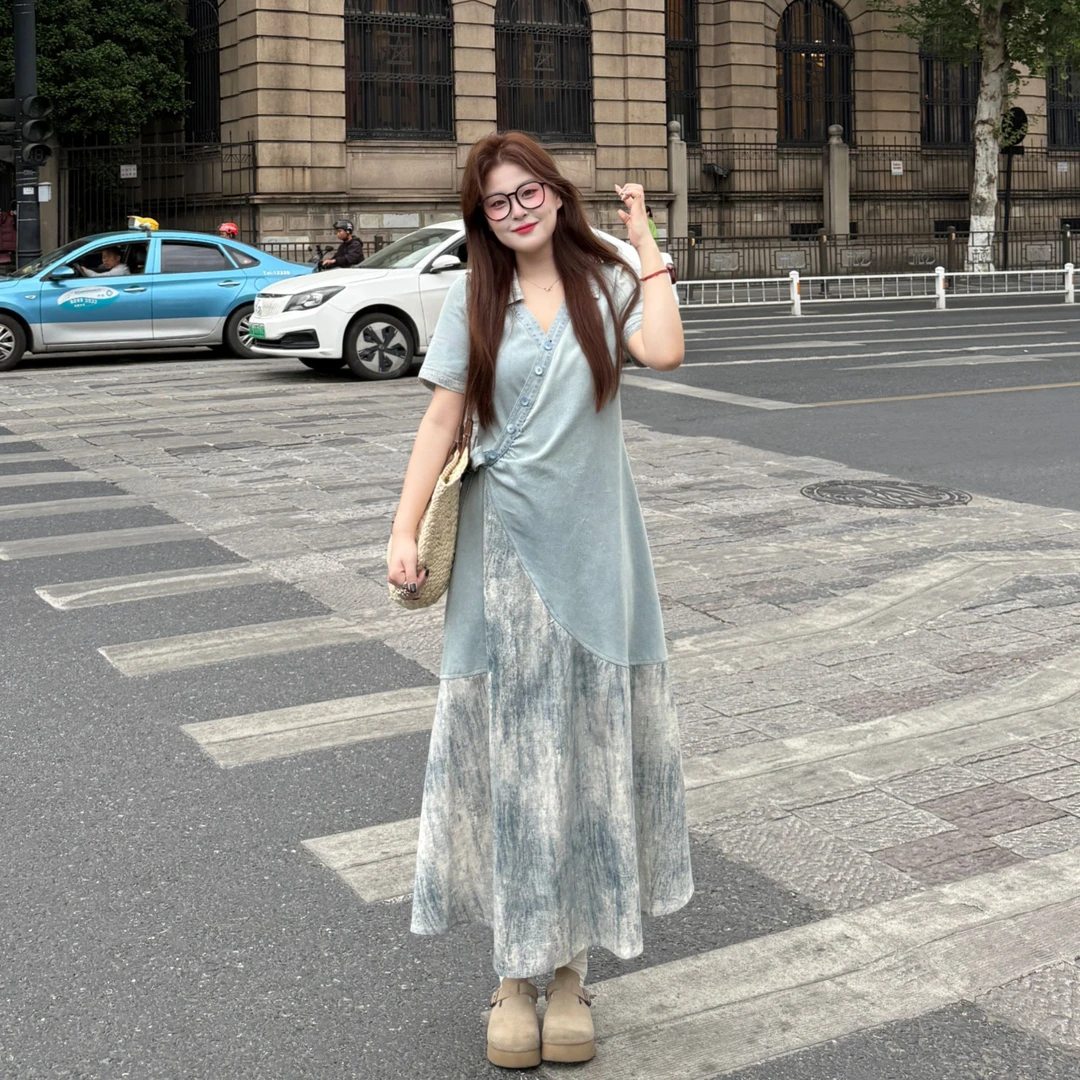 盈盈&南岛风大码女装国风泼墨拼接连衣裙夏季胖mm显瘦长裙ZYY1675