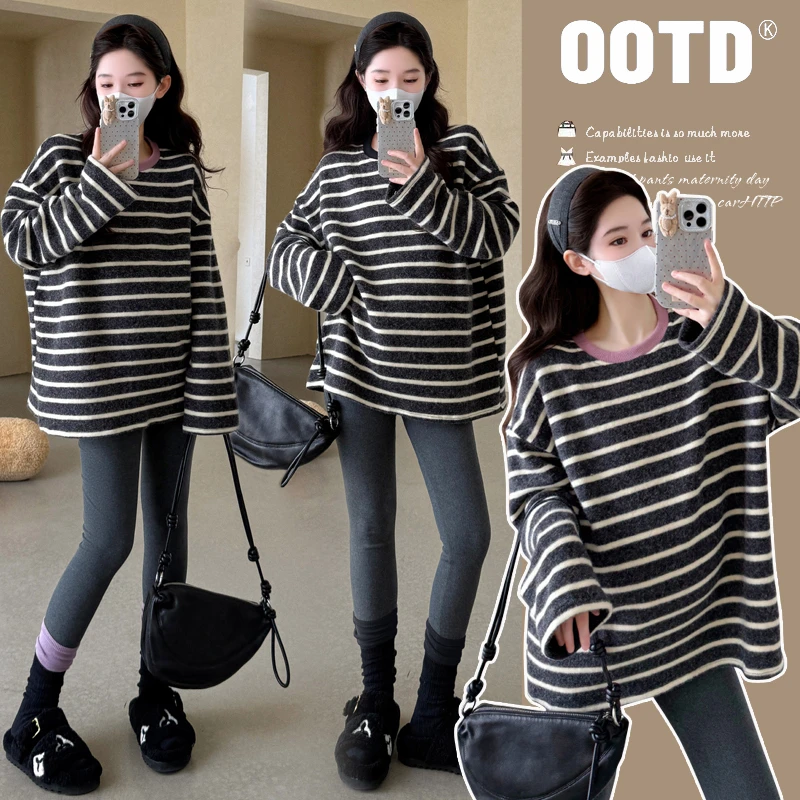 Y4448#8.17孕妇2025新品条纹长袖磨毛宽松慵懒遮肚套头T恤上衣