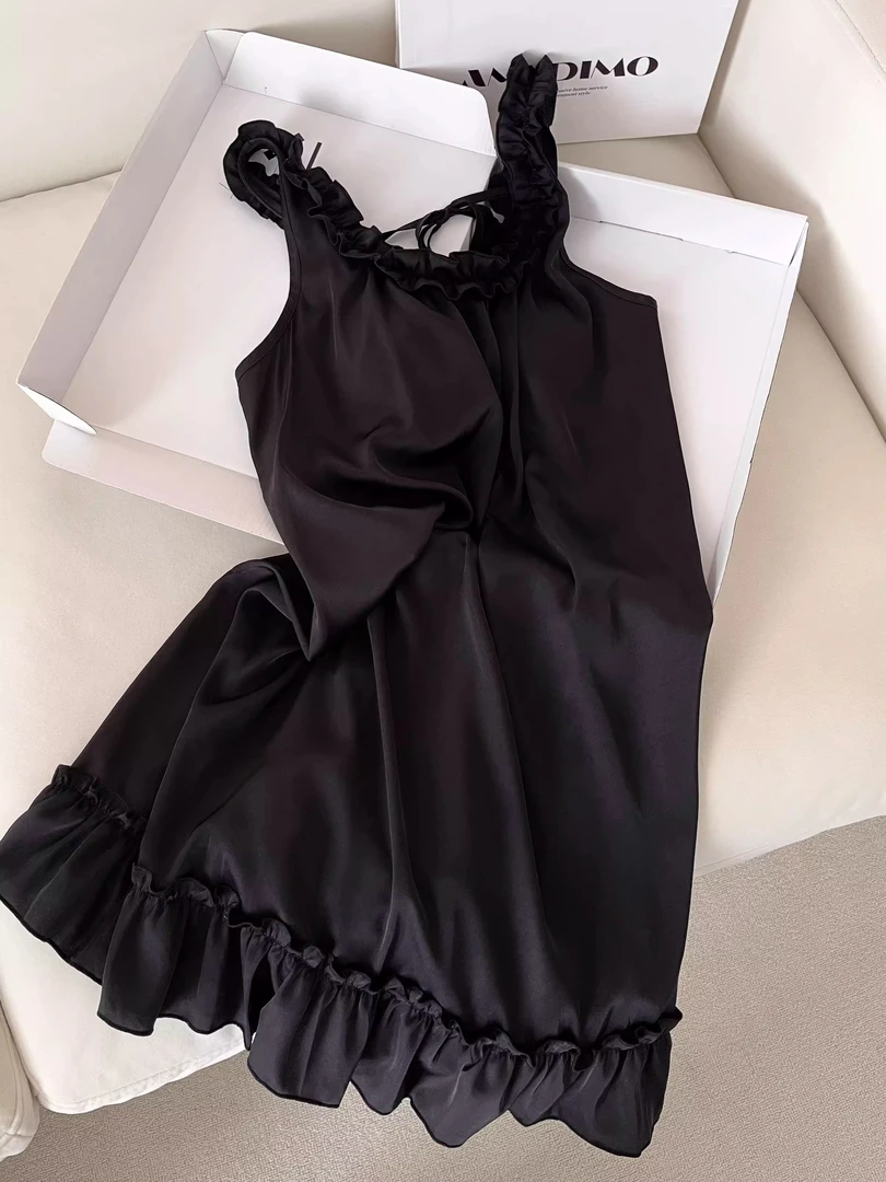 法式纯欲木耳边吊带睡裙女夏季新款大码性感露背系带连衣裙家居服