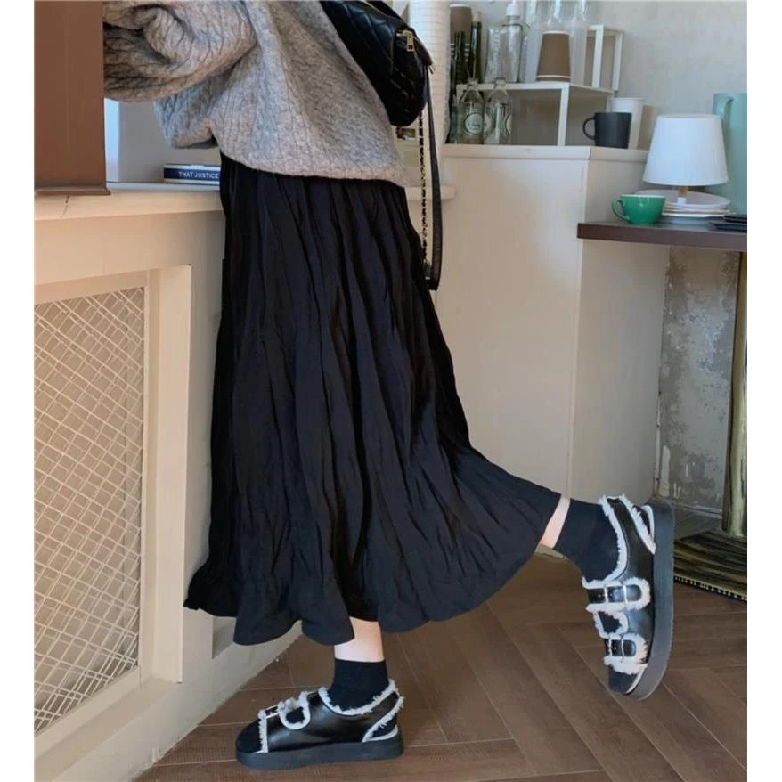 复古法式褶皱半身裙女秋冬气质高腰伞裙显瘦a字百褶裙中长款裙子