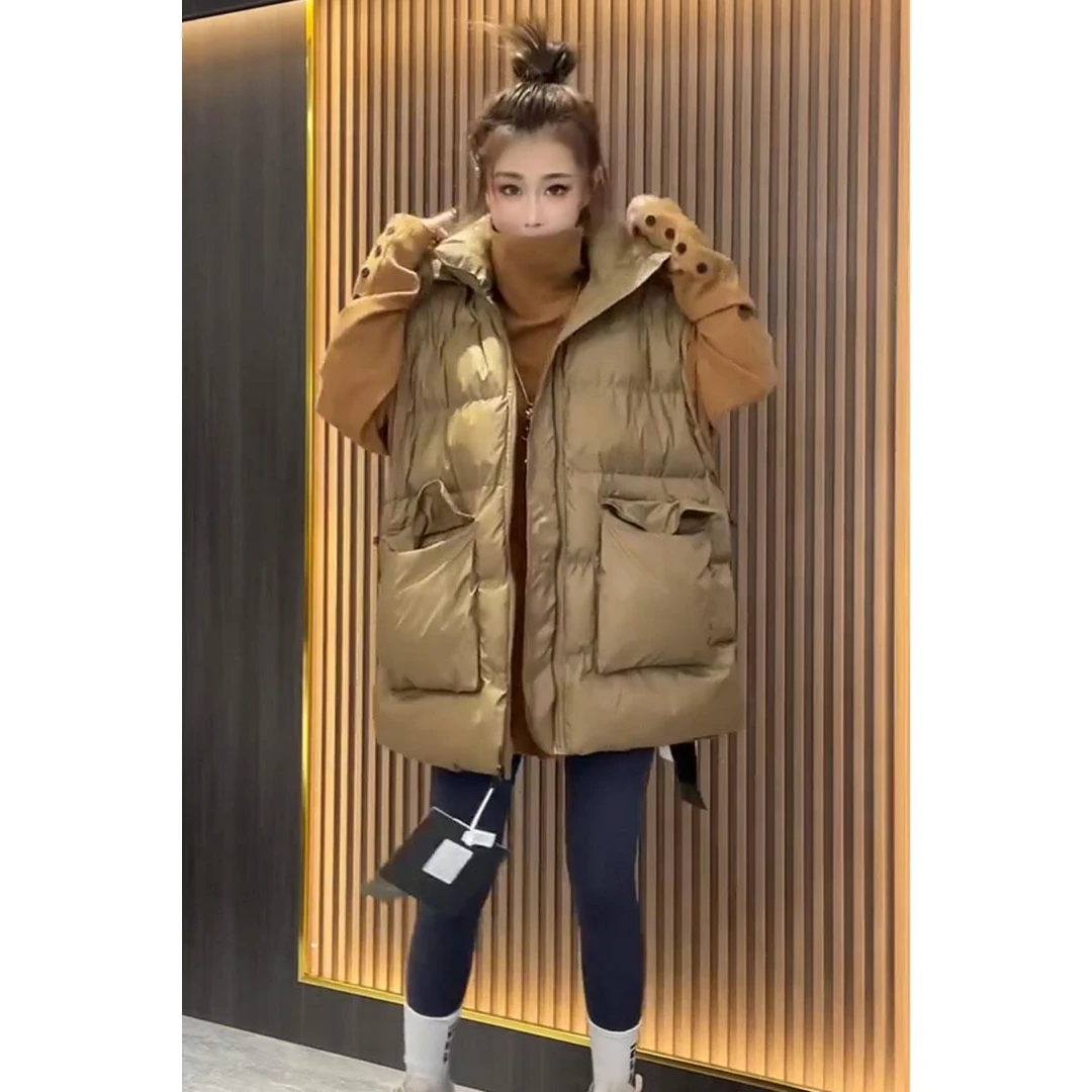 卡其色马夹女士春秋爆款外套连帽开衫大兜背心坎肩马甲网红短款