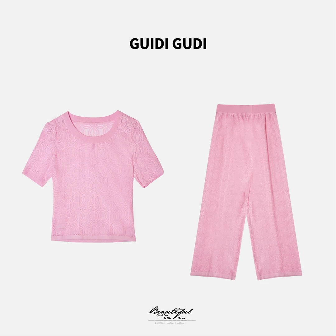 GUIDI GUDI【法式居合】黄加蓝两件套T恤+休闲裤套装