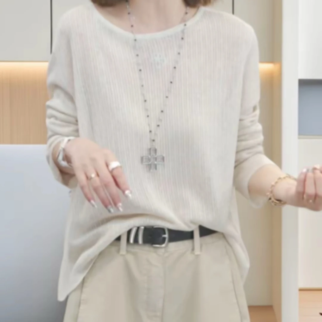 圆领长袖-针织内搭宽松休闲百搭上衣女夏季新款显瘦宽松气质时尚