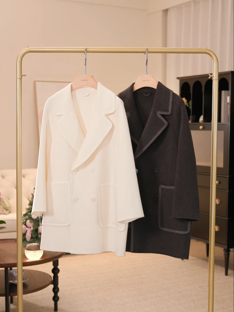 ”月华青城“绣线中长款包边双面呢翻领大衣气质