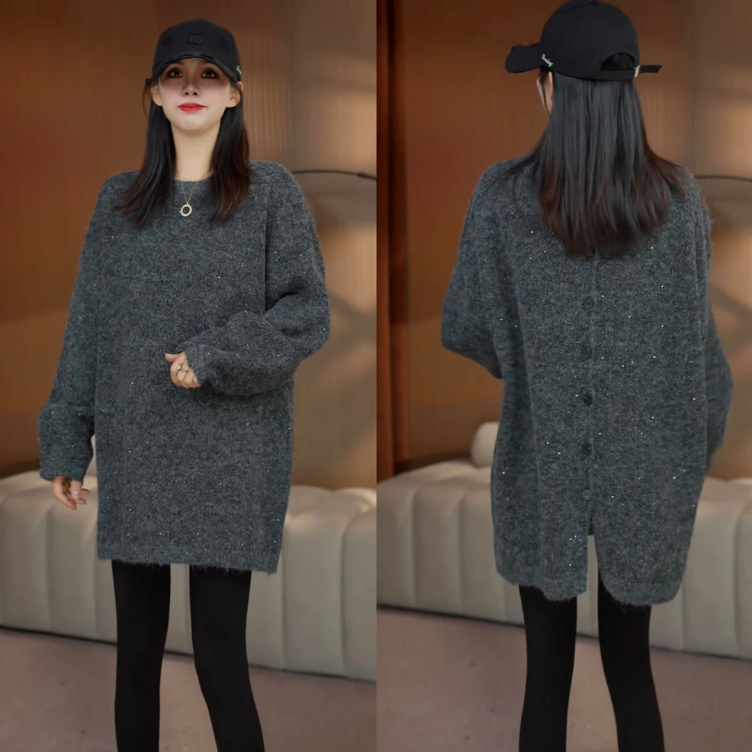 欧货冬季圆领套头木耳边中长款针织衫女加厚显瘦百搭花边亮片毛衣