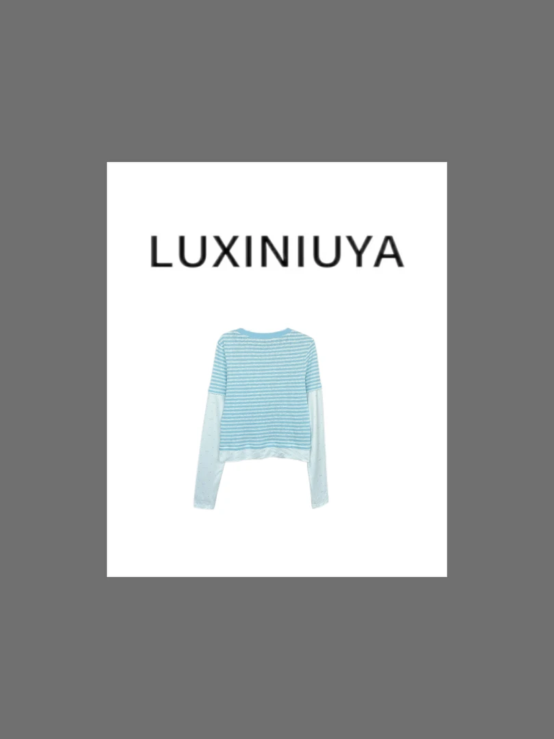 【LUXINIUYA】春款时尚缪系假两件撞色条纹长袖上衣#CX3063