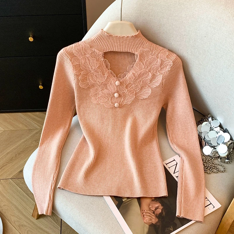 法式设计感立体拼接花朵毛针织衫女秋冬时尚修身百搭显瘦毛衣9610