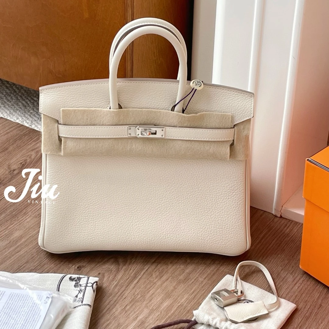 未使用 Hermes/爱马仕 birkin25奶昔白银扣 togo W刻ZH15-0026