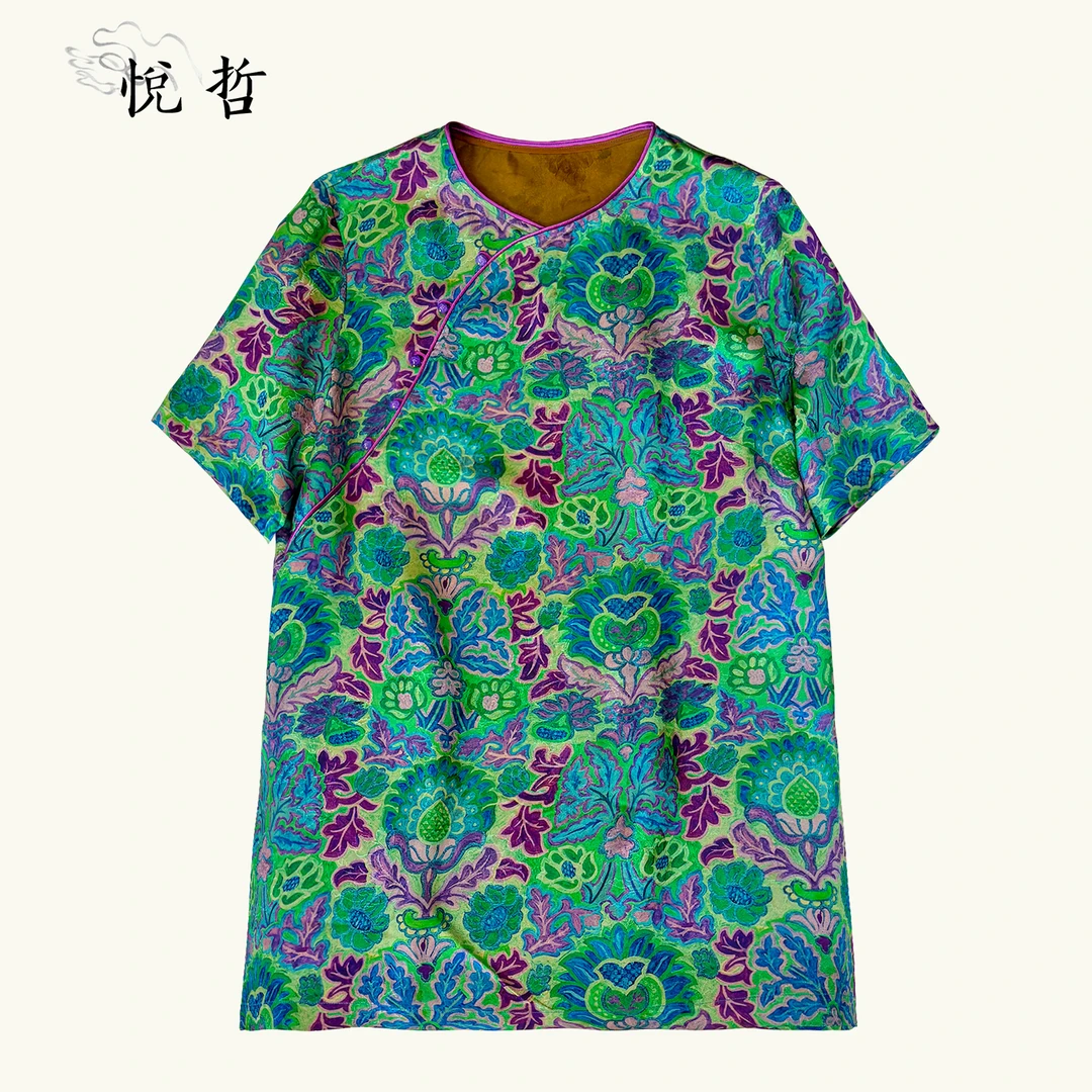 YUEZHE 提花夏季休闲中式短袖上衣2025国风新款时尚百搭宽松衬衫