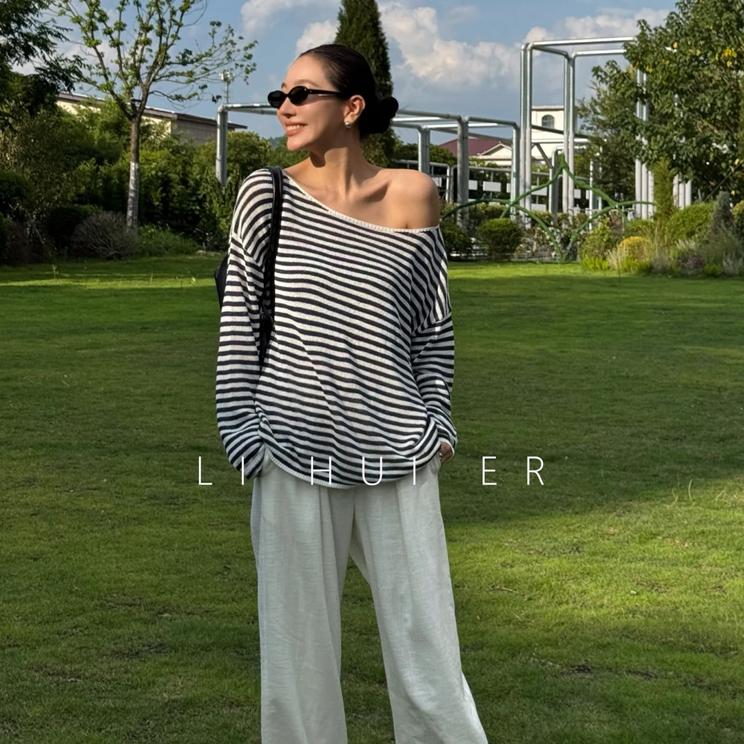 LiHuiEr李慧儿【遂愿】2025秋气质显瘦灰蓝条纹上衣NL-YC-101