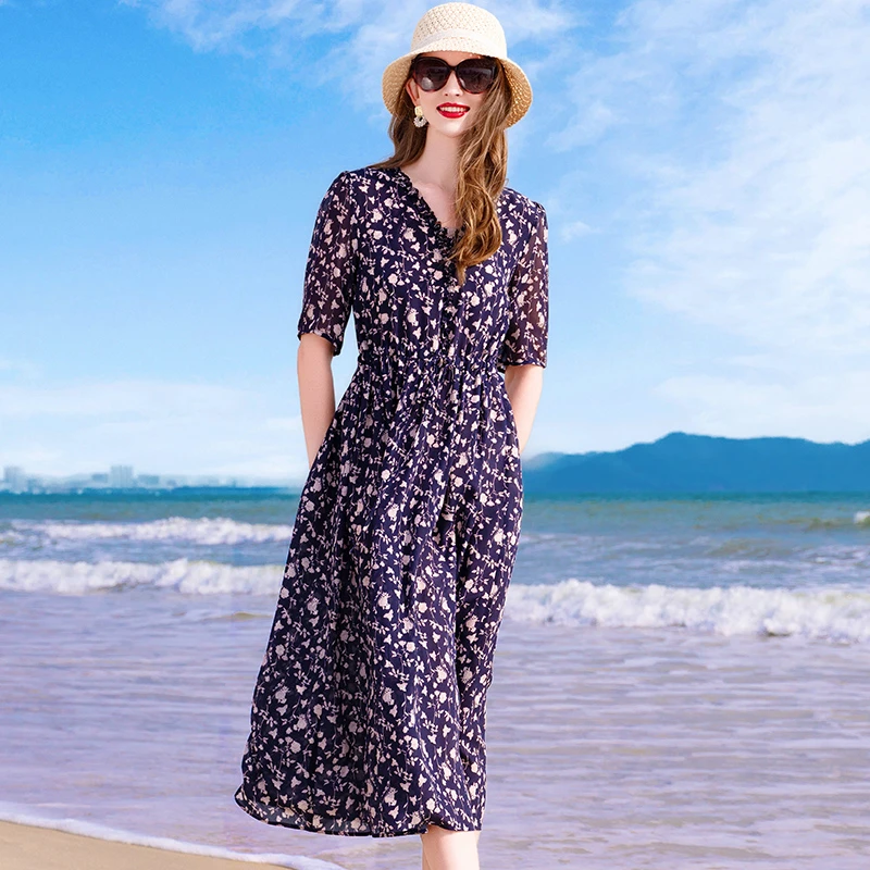 普拉妮2025春季新款100%桑蚕丝宽松夏季休闲气质时尚连衣裙603