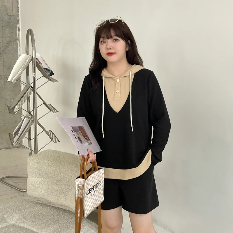 采多宝大码女装V领连帽假两件显瘦卫衣CDZ1138N