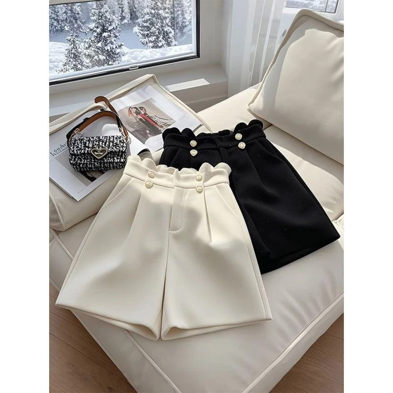 2025秋冬欧洲站毛呢短裤女外穿高腰显瘦小个子直筒a字打底靴裤