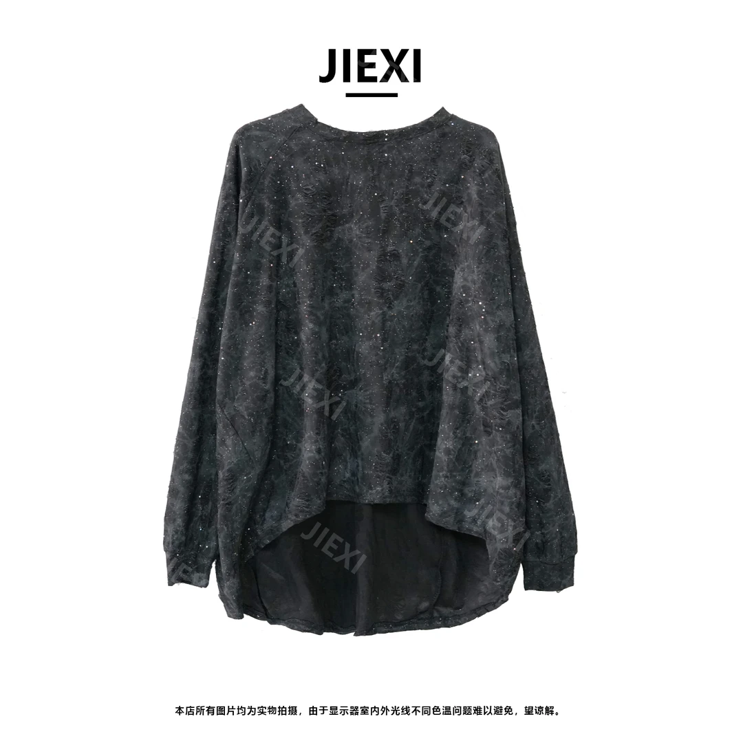 JIEXI设计师大版型休闲韩版重工磨破亮片百搭宽松打底T恤jx66019
