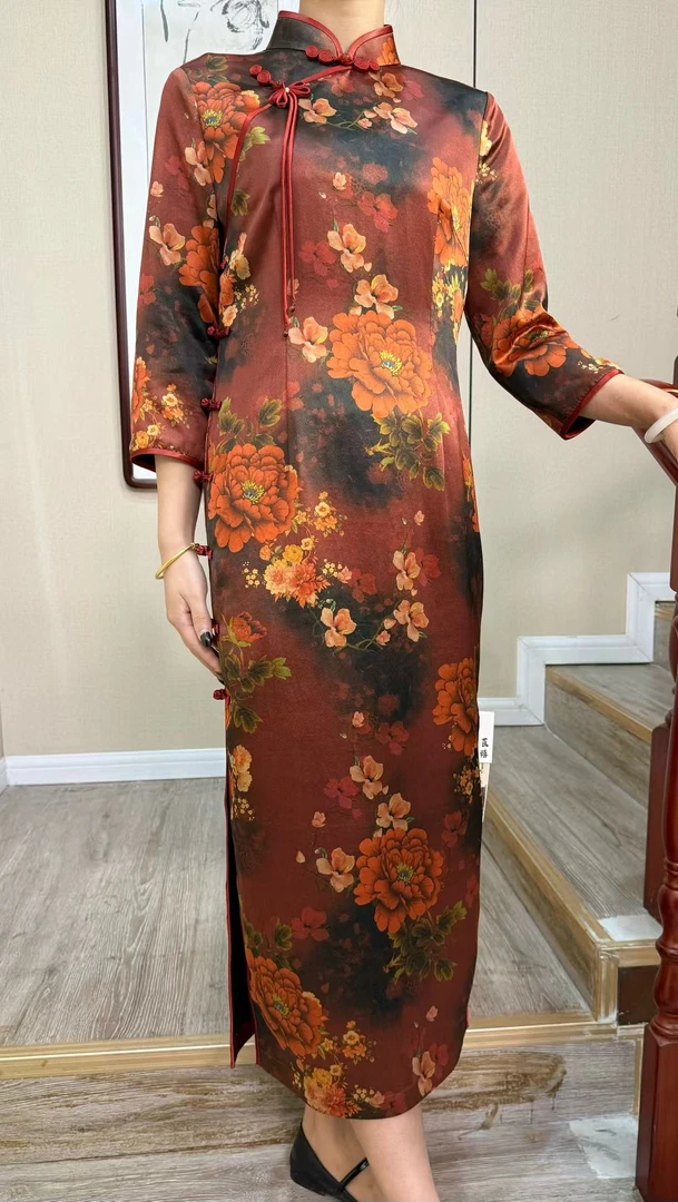 2025 新款女装 香云纱重缎 红牡丹旗袍 气质优雅高档裙子